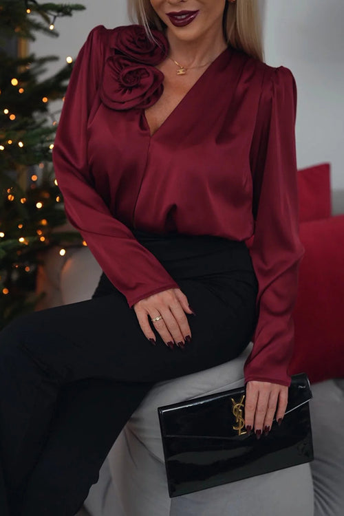 V neck Floral Decoration Satin Long Sleeve Shirt Top