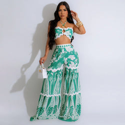 Lace up Tube Top with Loose Wide Leg Pants Two Piece Set