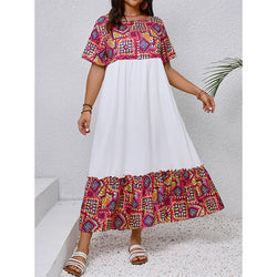 Bohemian Maxi  Round Neck Short Sleeve Long Pattern