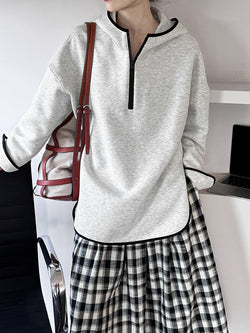 Contrast Color Binding Hooded Sweater Early Spring Korean Design Half Zipper Top