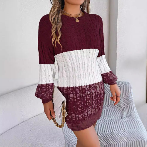 Autumn Winter Casual Color Matching Twist Lantern Sleeve Woolen Dress Women Clothing