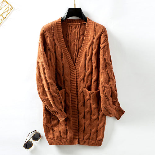 Twist Knit Cardigan for Women Autumn Winter Retro Loose Mid Length Sweater Coat for Women