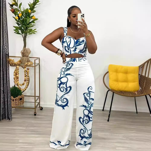 Printed Suspenders High Waist Wide Leg Pants Two Piece Set