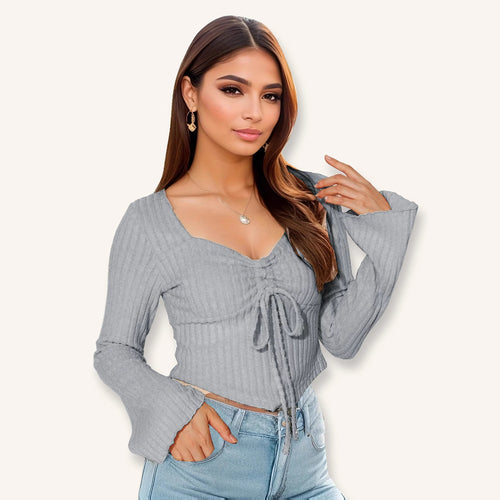 Autumn Winter V neck Drawstring Bell Sleeve Women Clothing Sexy Slim Fit Short Cropped Top