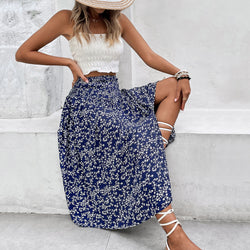 Summer Women Mid Length Blue Printed Skirt