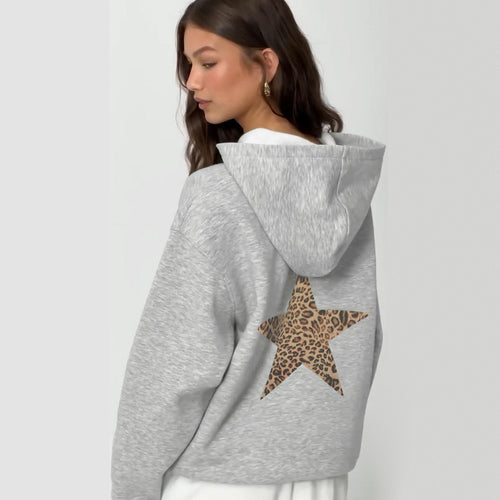 Simple Gray Leopard Print Five Pointed Star Loose Hooded Sweater Girl Basic All Matching Autumn Winter Pullover Top