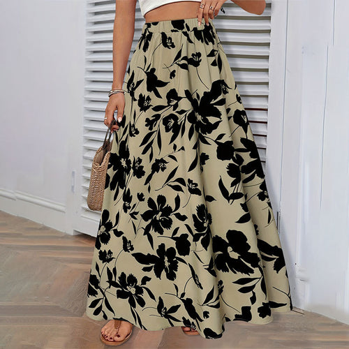 Elastic Waist Printed Long Pleated