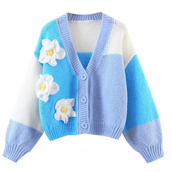 Romantic Retro Handmade Small  Loose  Cute Floral Sweater Coat Casual Women Clothing Spring Autumn V neck Knitted Cardigan