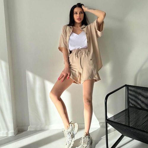 Spring Champray Collared Short Sleeved Shirt Shorts Suit Women Loose Casual Vacation Two Piece Suit