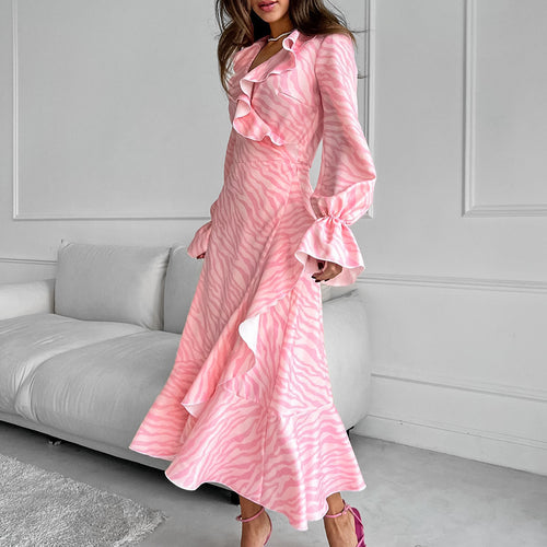 Gentle Pink Elegant Ruffled V Neck Flared Sleeves Fishtail Dress Autumn Lace Up Maxi Dress