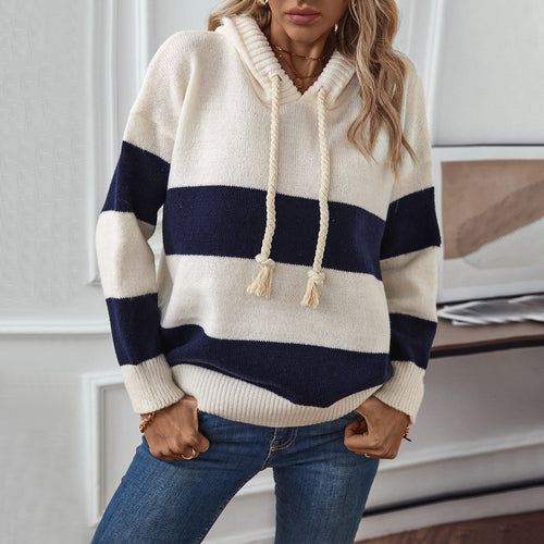 Hooded Color Contrast Pullover Sweater Top Women Autumn Winter Loose Casual All Matching Women Knitwear Top