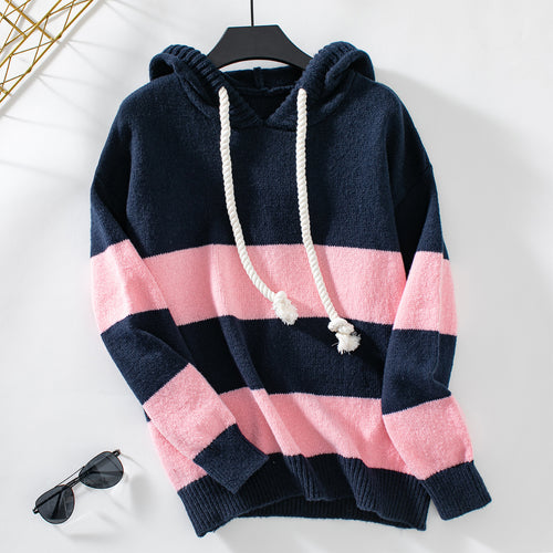 Hooded Color Contrast Pullover Sweater Top Women Autumn Winter Loose Casual All Matching Women Knitwear Top