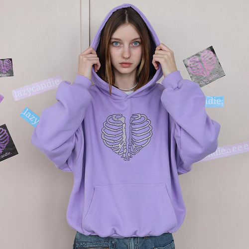 Trendy Skeleton Rhinestone Loose Hooded Sweatshirt Top Women Autumn Winter