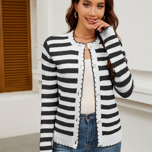 Women Striped Sweater Button Knitted Cardigan Coat Autumn Winter