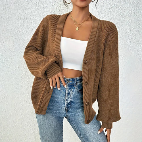 Women Clothing Sweater V neck Cardigan Autumn Winter Solid Color Sweater Casual All Match Knitted Coat