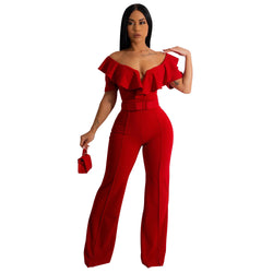 Women Clothing V Neck Flounce Sexy Waist Trimming Jumpsuit Women