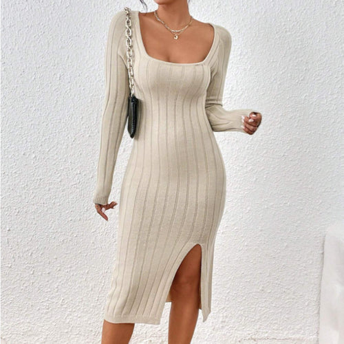 Autumn Winter Woolen Sexy Square Collar Long Sleeve Knitted Dress Women