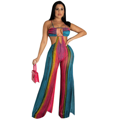 Women Clothing Nightclub Uniforms Lace-up Backless Sexy Print Wide-Leg Jumpsuit