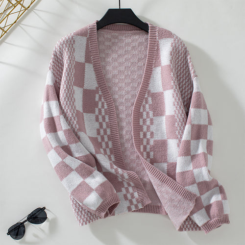 Contrast Color Check Women Sweater Autumn Winter Casual Loose Lantern Sleeve Knitted Cardigan