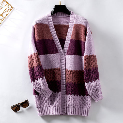 Contrast Color Striped Sweater Cardigan Women Autumn Winter Casual Loose Lantern Sleeve Sweater