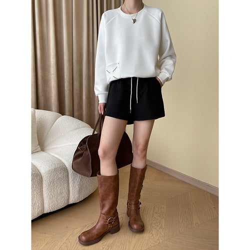 Tone Embroidery Drawstring Loose round Neck Raglan Sleeves Casual Sweatshirt