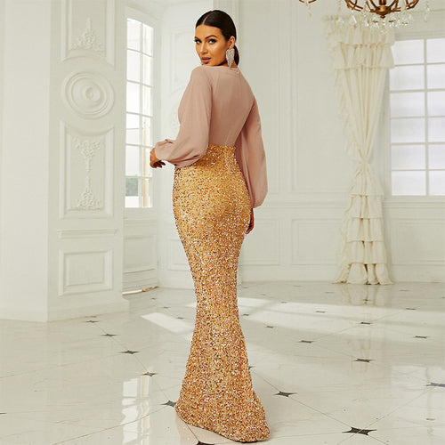V-neck Long-Sleeved Sequined Banquet Sheath Fishtail Evening