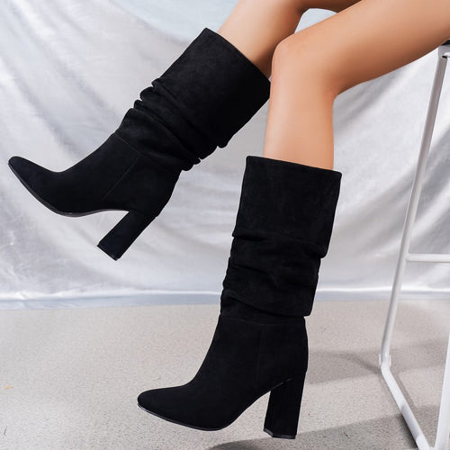 Pleated High Top High Heel Chunky Heel Suede One Foot Climbing Width Boots Spring, Autumn Winter Women Boots