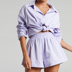 Single Breasted Collared Shirt Shorts Loose Casual Two Piece Suit Women