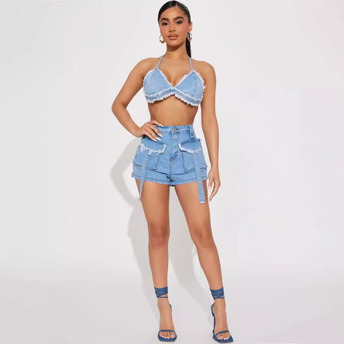 Sexy Frayed Shorts Workwear With Pocket Denim Women Clothing Pants