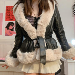 Faux Leather Big Fur Collar Waist  Leather  Slim Fit Patchwork Long Sleeve
