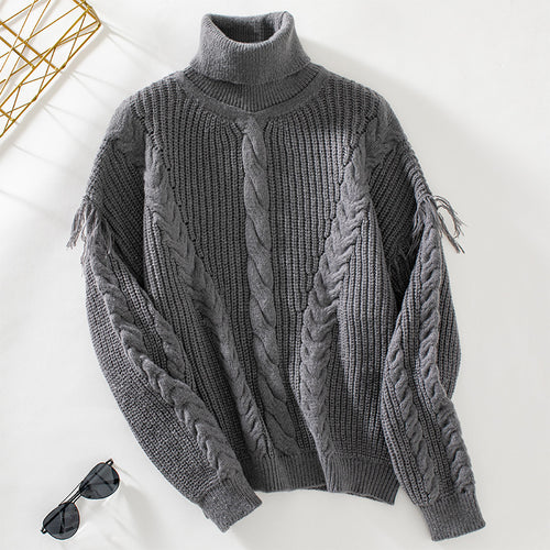 Drizzling Tassel Twisted Women Pullover Collared Sweater Autumn Winter Retro Long Sleeve Sweater