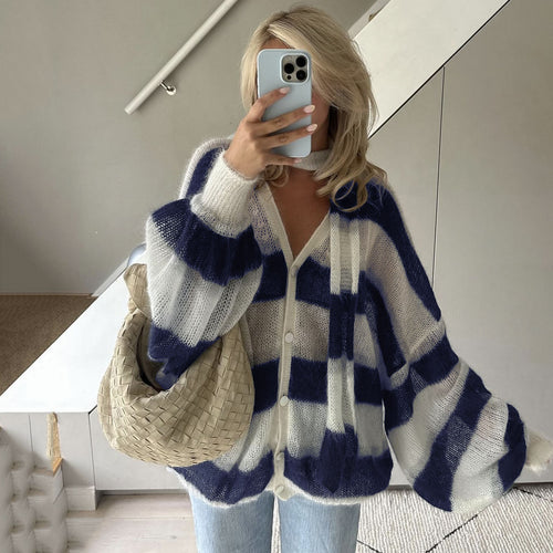 Fall Winter Loose Idle Striped Sweater Cardigan with Scarf