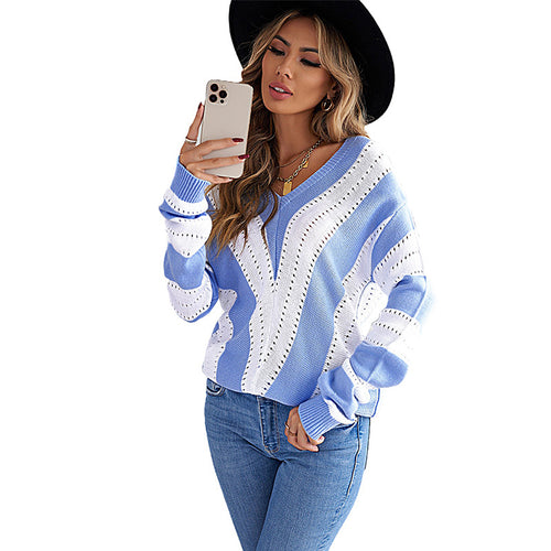 Striped Outerwear Sweater Women Autumn Winter Contrast Color Long Sleeves Knitted Underwear Top