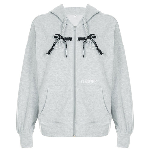 Simple Gray Twist Braid Drawstring Adjustable Hooded Sweater Girl Loose Zipper Coat