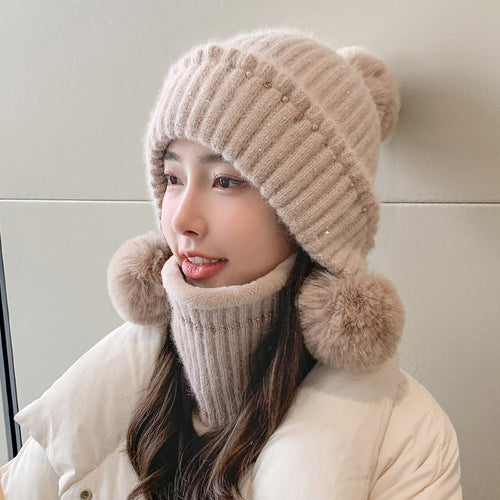 Jiayi Winter Dames Gebreide Muts Koreaanse Stijl Modieus All-Match Echt Konijnenbont Hoed Met Fleece Gevoerde Verdikte Wollen Muts Fietsen Winddicht 