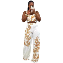 Printed Suspenders High Waist Wide Leg Pants Two Piece Set