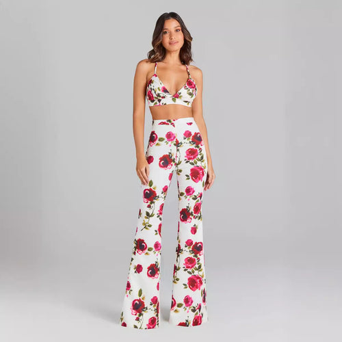 Casual Printed Long-sleeved Shirt Sexy Sling Slim Trousers Three-piece