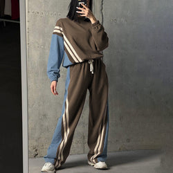 Autumn Winter Sports Contrast Color Striped Sweater Sets Pullover Top Drawstring Trousers Two Piece Set