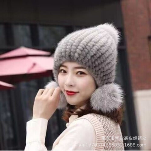 Autumn And Winter Encryption Thickened Mink Three Ball Fur Straw Hat Women Winter Warm Ear Covered Mink Fur Hat Fox