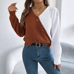 Real Shot Autumn Winter Casual V neck Buttons Contrast Color Lantern Sleeve Pullover Sweater Women Clothing