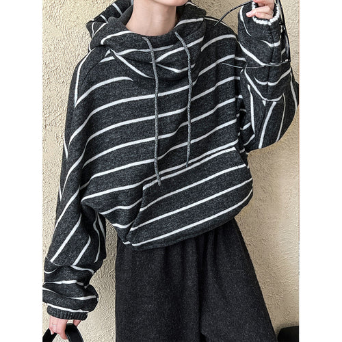 Stitching Contrast Color Stripes Hooded Thick Sweatshirt Women Autumn Winter Casual Loose Top