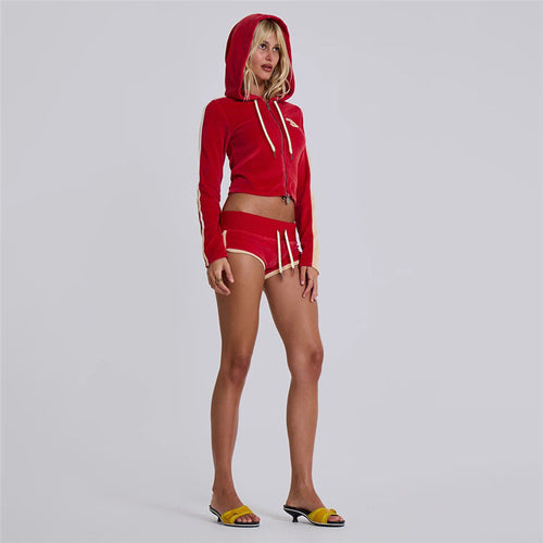 Autumn Winter Sexy Cropped Hooded Top High Waist Hip Lift Lace up Shorts Sets