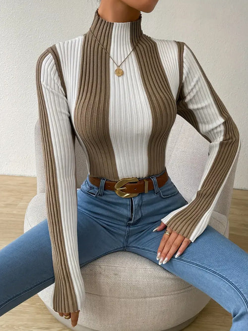 Women Spring Autumn Classic Black White Contrast Color Vertical Pattern Sweater Slim Fit Slim Bottoming Top