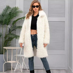 Ladies Faux Fur Coat Top Plush Collared Coat Long Autumn Winter