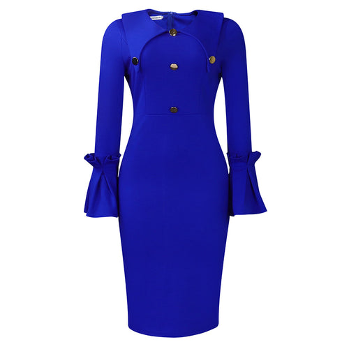 Women Clothing Winter Elegant Flare Sleeve Office Dress