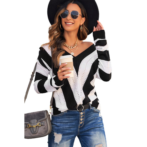 Striped Outerwear Sweater Women Autumn Winter Contrast Color Long Sleeves Knitted Underwear Top