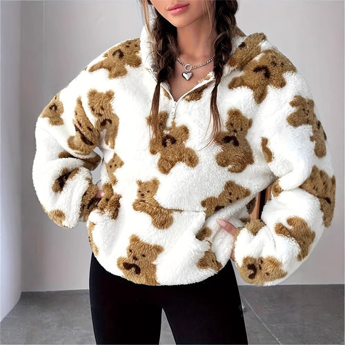 Fall Winter Bear Printed Double Sided Plush Casual Pullover Women