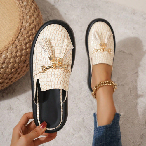 Thick Bottom Metal Buckle Muller Half Slippers Spring Autumn plus Size Stone Pattern Sandals Women