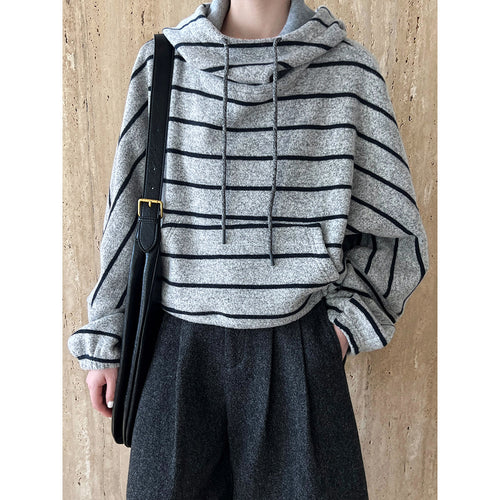 Stitching Contrast Color Stripes Hooded Thick Sweatshirt Women Autumn Winter Casual Loose Top