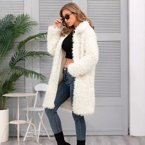 Ladies Faux Fur Coat Top Plush Collared Coat Long Autumn Winter